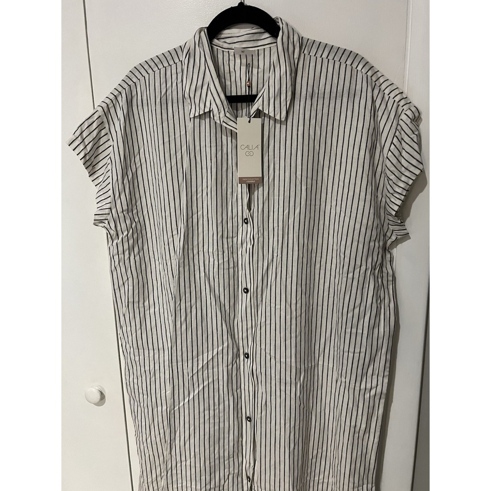 NWT CALIA Swim Cover Up Womens XL Yucatan Stripe Ivory Linen Blend‎ Button Down